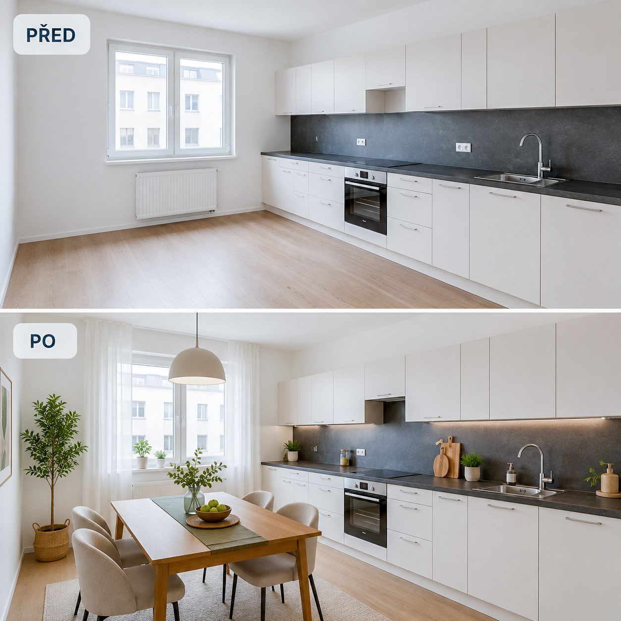 Před a po – kuchyň a jídelna